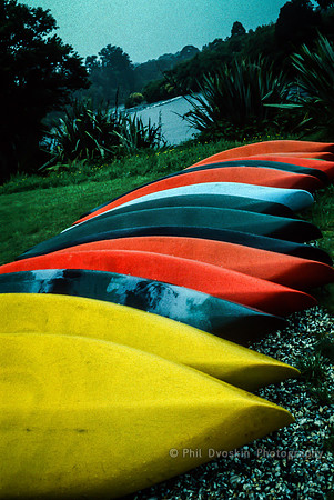 Kayaks on Lake Moeraki